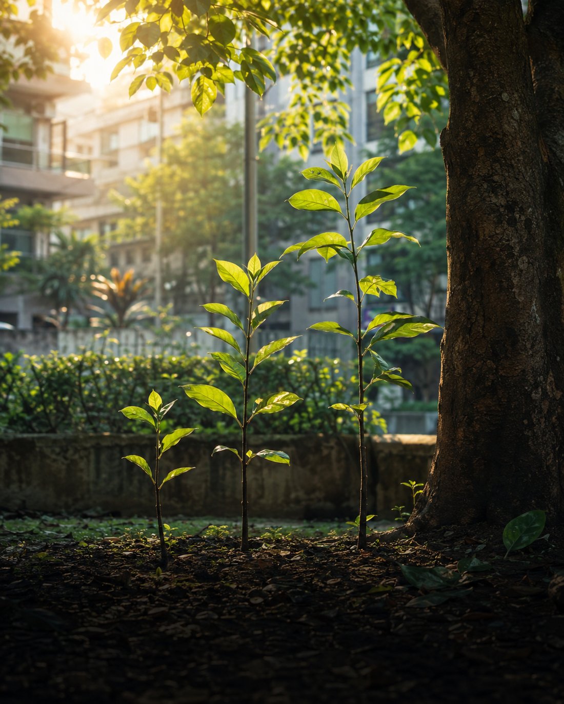 Young saplings growing in a Taiwan city garden