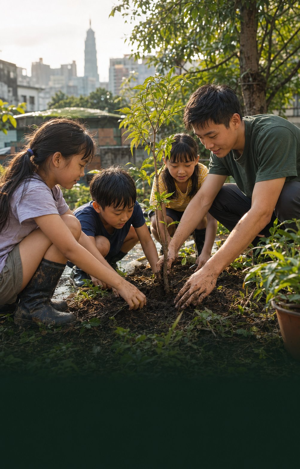 Children planting a tree with the Taiwan skyline behind